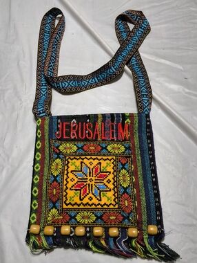 Jerusalem Purse Bag Woven Colorful Embroidered 9.5"W x 10"H